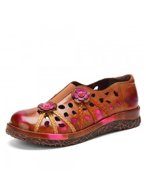  Genuine Leather Handmade Woven Comfy Breathable Hollow Ethnic Floral Embellished Flat Shoes