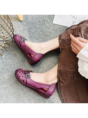 Plus Size Women Breathable Soft Comfy Genuine Leather Floral Embellished Hand Stitching Flat Shoes