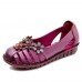 Plus Size Women Breathable Soft Comfy Genuine Leather Floral Embellished Hand Stitching Flat Shoes