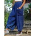 Women Cotton Solid Color Pocket Elastic Waist Harem Pants