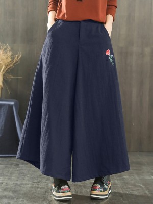 Women Wide Leg Embroidery Ninth Cotton Pants with Pocket