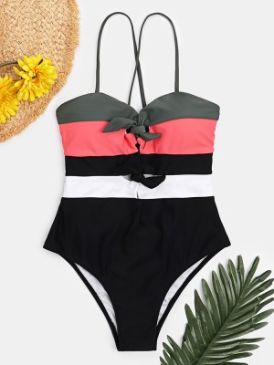 Women Swimwear Color Block Tie Front Tie Back One Piece