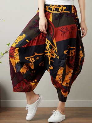 Ethnic Print Pocket Asymmetrical Elastic Waist Loose Casual Cropped Pants