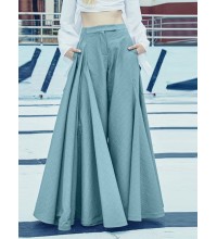 Women Loose Wide  Legged Solid Color Pleated Side Pockets Zipper Buttons Maxi Length Casual Pants