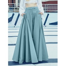 Women Loose Wide  Legged Solid Color Pleated Side Pockets Zipper Buttons Maxi Length Casual Pants
