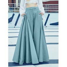 Women Loose Wide  Legged Solid Color Pleated Side Pockets Zipper Buttons Maxi Length Casual Pants