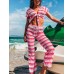 Geometric Print Knotted Short Sleeve Top High Waist Pants Thin Beach Two Piece Set Cover Ups