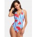 Women Watermelon Print Striped V  Neck Backless One Piece Hot Swimwear