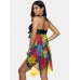 Plus Size Women Tropical Print Halter String Knot Backless Swimdresses