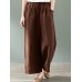 Women 100  Cotton Side Pockets Solid Color Elastic Waist Ankle Length Casual Pants