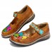  Genuine Leather Hand Made Retro Ethnic Colorful Flowers Hollow Soft Comfy Mary Jane Flat Shoes