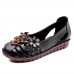 Plus Size Women Breathable Soft Comfy Genuine Leather Floral Embellished Hand Stitching Flat Shoes