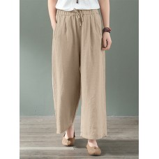 Women 100  Cotton Side Pockets Solid Color Elastic Waist Ankle Length Casual Pants