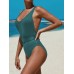 Women Knitted Jacquard Wide Straps Backless One Piece Swimwear with Belt