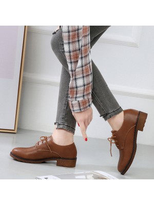 Women Lace  up Comfy Versatile Office Shoes Retro Solid Color Flats