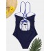 Women Swimwear Color Block Tie Front Tie Back One Piece