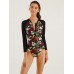 Women Floral Print Front Zipper Sun Protection Long Sleeves Sport Surfing One Piece Swimwear