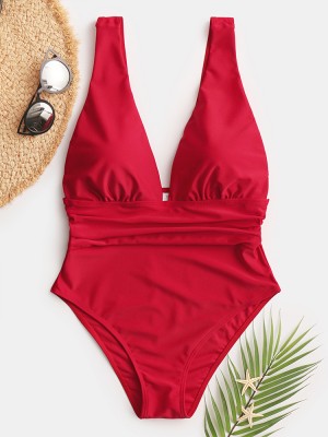 Women Monokini Plunge Wide Straps Ruffled Waist One Piece