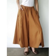 Women Cotton Solid Color Side Pockets Front Fork Wide Leg Pants