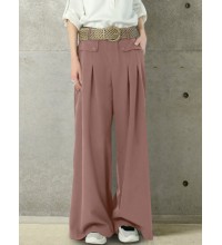 Women Solid Color Button Casual Loose Wide Leg Pants With Pocket