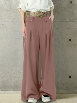 Women Solid Color Button Casual Loose Wide Leg Pants With Pocket