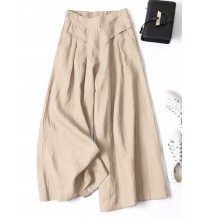 Women 100  Cotton Wide Leg Side Pockets Solid Color Ankle Length Elastic Waist Pants