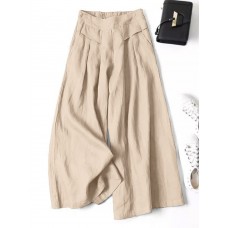 Women 100  Cotton Wide Leg Side Pockets Solid Color Ankle Length Elastic Waist Pants