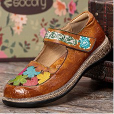  Genuine Leather Hand Made Retro Ethnic Colorful Flowers Hollow Soft Comfy Mary Jane Flat Shoes