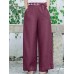 Women Solid Color Lace  Up Vintage Embroidery Wide Leg Pants With Pocket