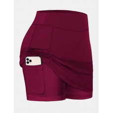 Women Solid Color Sports Shorts Compression Liner Breathable Tennis Skirt With Pocket