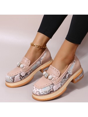 Plus Size Women Casual Fashion Rhinestone Decor Snakeskin Colorblock Loafers Shoes