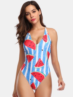Women Watermelon Print Striped V  Neck Backless One Piece Hot Swimwear